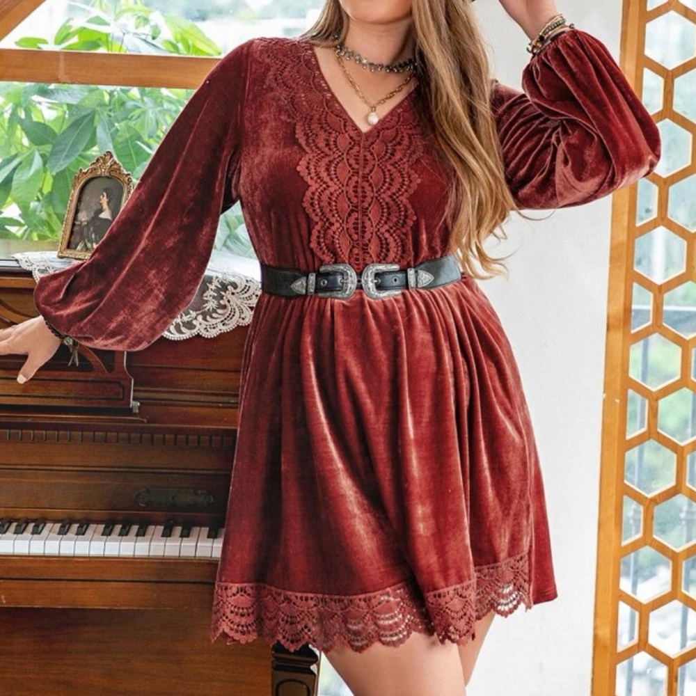 Plus size boho rust orange lace trim mini dress - Picture 2 of 15